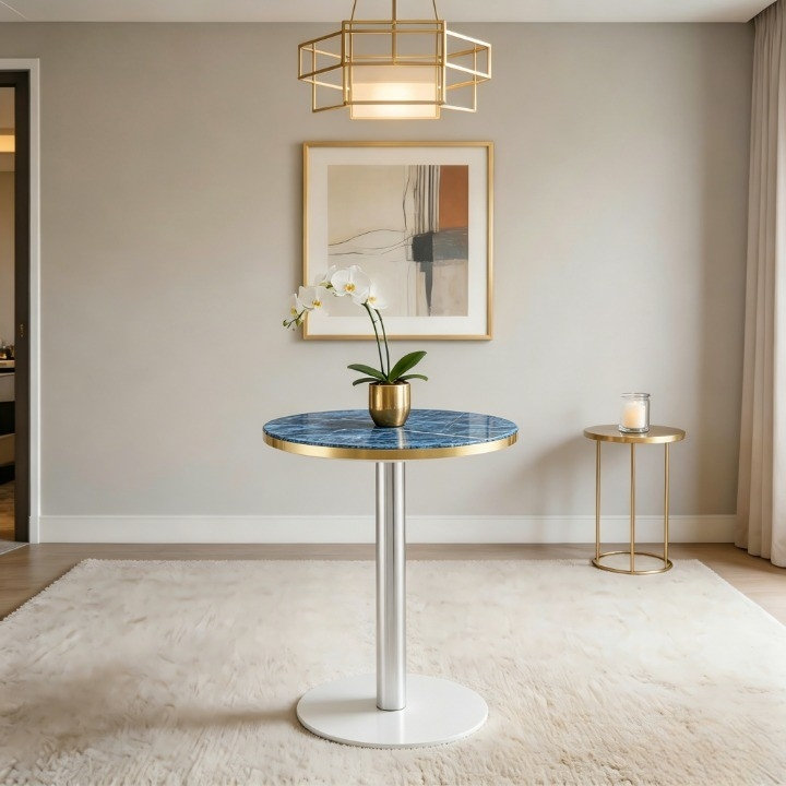 Table de bistro ronde en marbre avec bordure en acier inoxydable