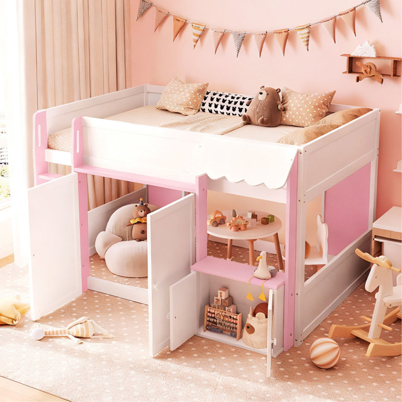 Lit mezzanine double, blanc et rose, avec maisonnette et rangement pour lit / adolescent moderne et essentiel, solutions de structure aérée