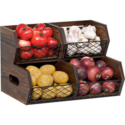 Wood Potato and Onion Storage Bins, Stackable Pantry Organizer, Rustic Produce Storage Baskets for Vegetable, Fruit and Snack