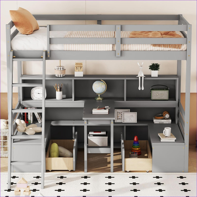 Twin Size Solid Pinewood Loft Storage Bed With Desk Drawers, No Box Spring Needed, Grey for Dorm Small Room, Gray