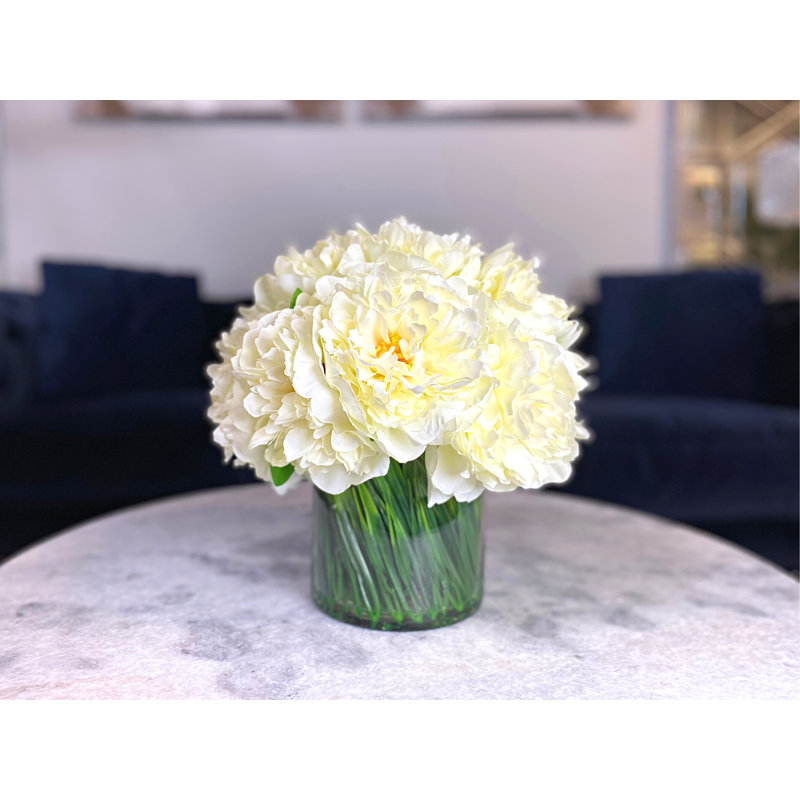 Peony Arrangement in Glass Vase with Grass, Cream