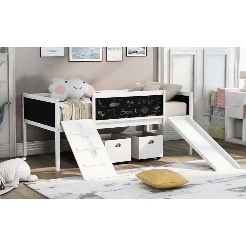 Twin Loft Bed White With Extra Storage. Climbing Frame For Fun And Physical Activity. Solid Pine Wood Long-Term Durability. Double Chalkboard Artistic Exploration Expression. Safe Slide A Great
