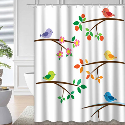 Birds Branches Flower Tree Cute Spring Shower Curtain with 12 Hooks