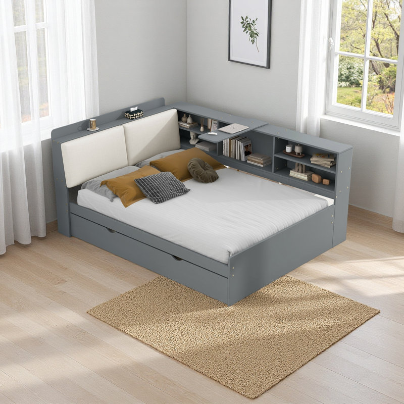 Lit plateforme, tablettes et tête de lit en bois, Gris / Blanc, Double