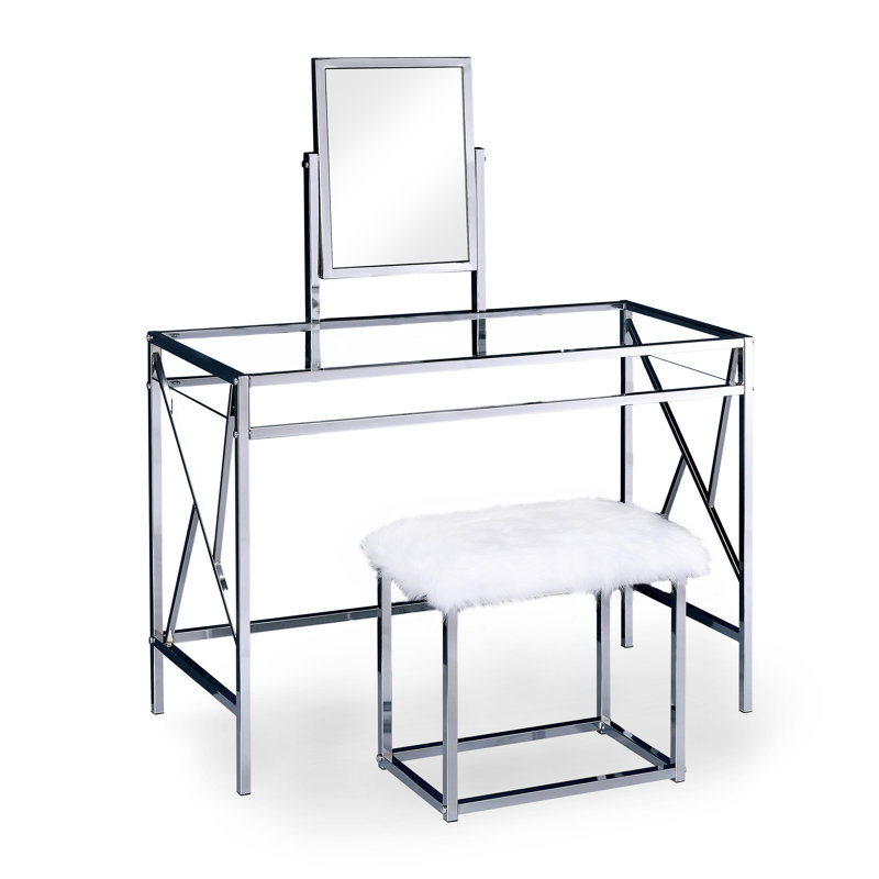 Kayli Glass and Metal Makeup Vanity Set with Stool , Chrome