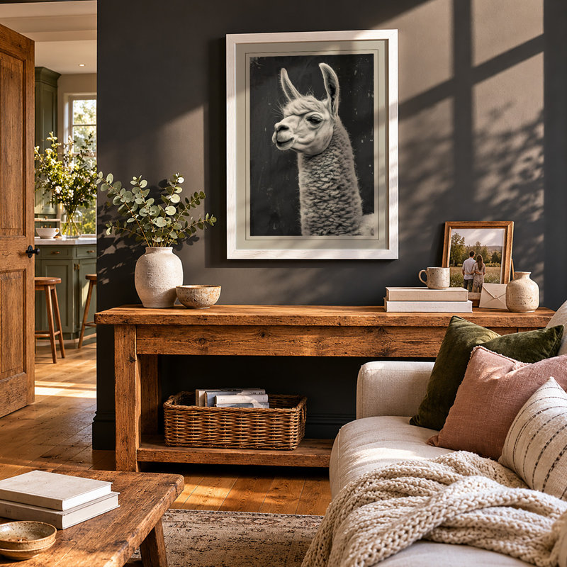 Alpaca Portrait Japandi - Framed Print, Oak, A3 - 42.0 x 29.7 cm