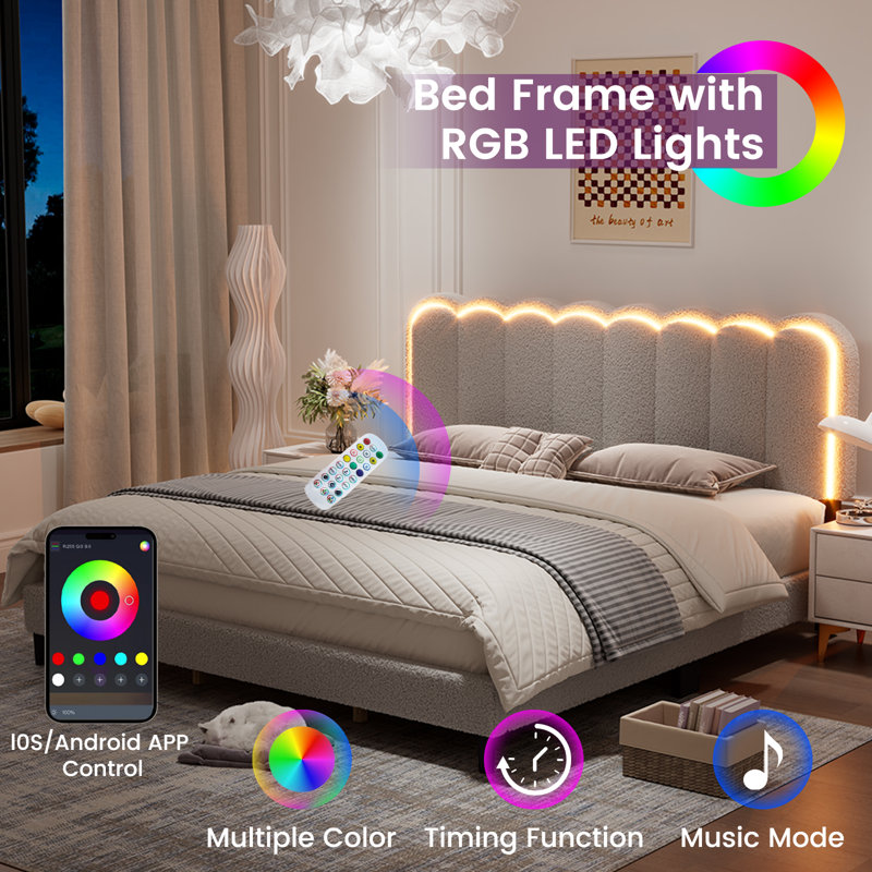 KING-Boucle Upholstered Solid Wood Bed Frame Soft Rounded Corners Headboard Low Profile Bed Frame with RGB LED Lights（No Mattress Included）
