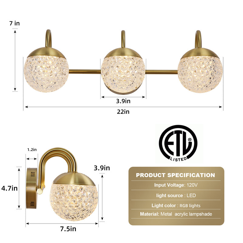 Color Changing Modern Sphere Crystal-Effect Vanity Light – Smart Dimmable LED & App Control, Gold, 3 Lights