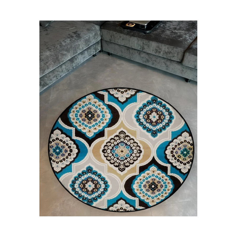 Beige Blue Ethnic Detailed Woven Base Modern Decorative Carpet, Round 4'