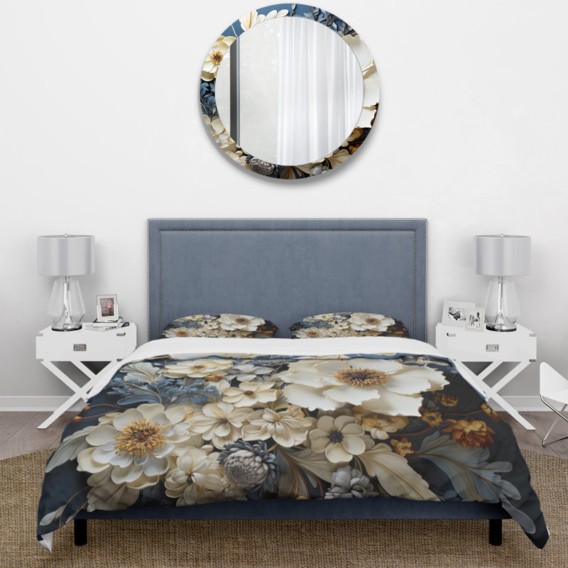 Ensemble de housse de couette en microfibre / polyester blanc et bleu, Housse de couette pour grand lit et 2 taies décor