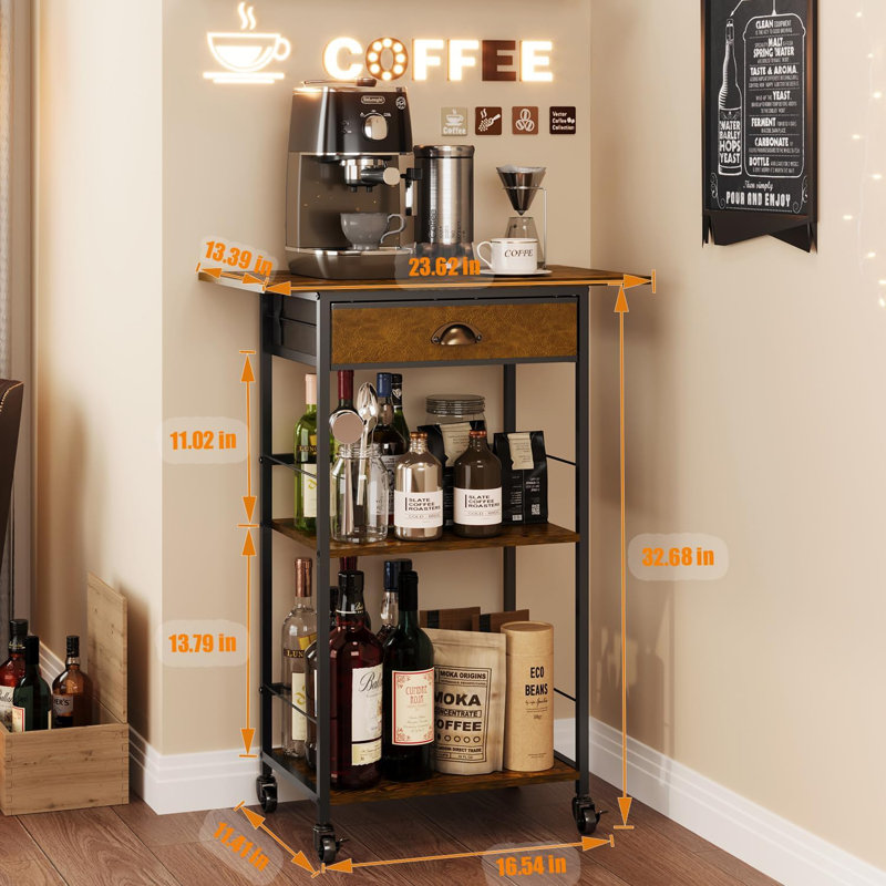 Coffee Bar Stand Station Cart with Storage Drawer -3 Tier, Extended Worktop Coffee Table,