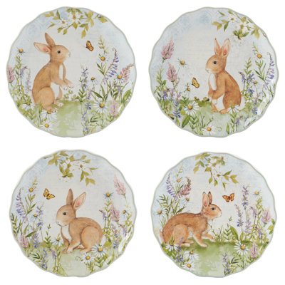 Easter Meadow Set of 4 Dessert Plates – 9" Plates with Charming Bunny & Wildflower Illustrations – Perfect for Springtime Celebrations, Afternoon Tea & Dessert Presentations