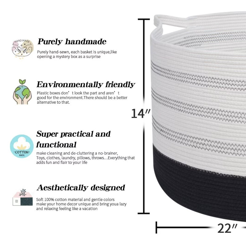Large Cotton Rope Basket, Blanket Basket for Living Room, Baby Laundry Blanket Basket with Handle, White/Black