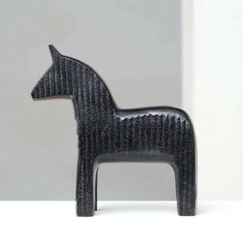 Black Ribbed Horse Sculpture  Aluminum Table Décor-6.8"