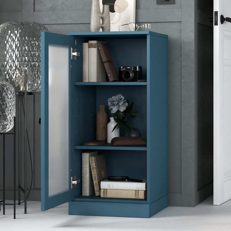 Bibliothèque 100% bois massif à 3 tablettes avec porte en verre givré et tablettes réglables, Bleu sarcelle