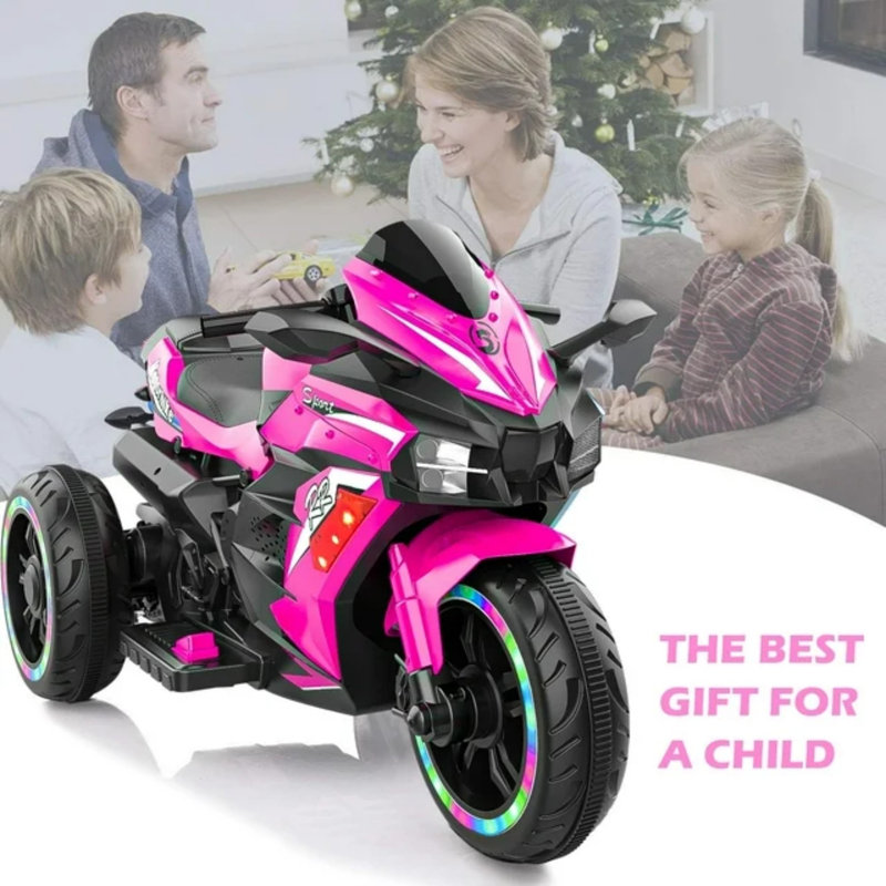 Moto électrique 3 roues 12 V pour enfants, pneus lumineux DEL, Bluetooth, tricycle à batterie avec suspension, pour garçons et filles de 3 à 8 ans, rose