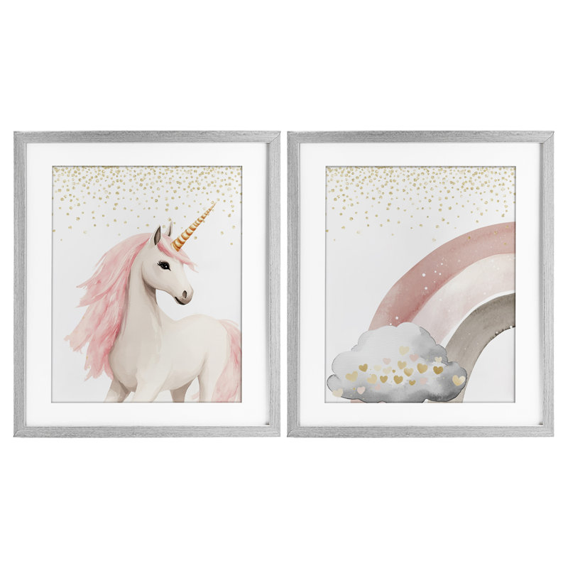 Princess Dreams Unicorn & Rainbow, ensemble de 2 reproductions encadrées sous verre, H 16 po x l 13 po, Cadre de ferme gris
