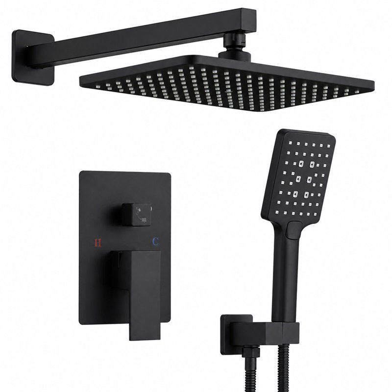 Système de douche carré à 4 jets avec douchette Prism en noir mat (valve incluse), Noir mat