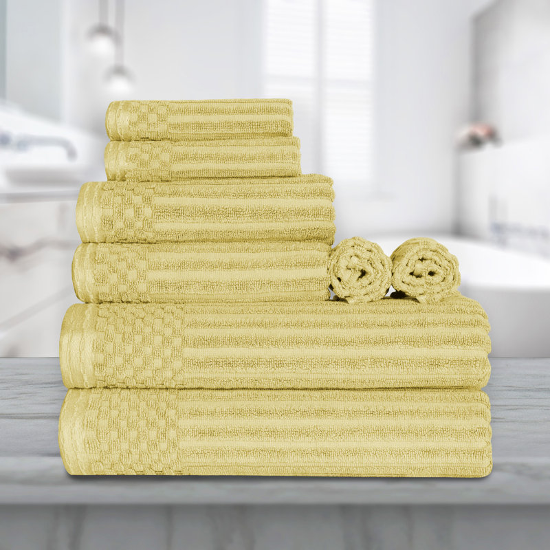 Ruvins Cotton Highly Absorbent 8-Piece Solid and Checkered Border Towel Set, Yellow Gold