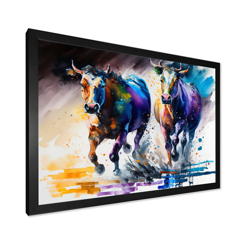 «Cows Runing I», reproduction sur toile, L 40 po x H 30 po, Impression noire sur toile encadrée