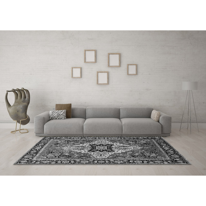 Tapis oriental gris / noir en polyester / chenille tissé à la machine, Carré de 6 pi