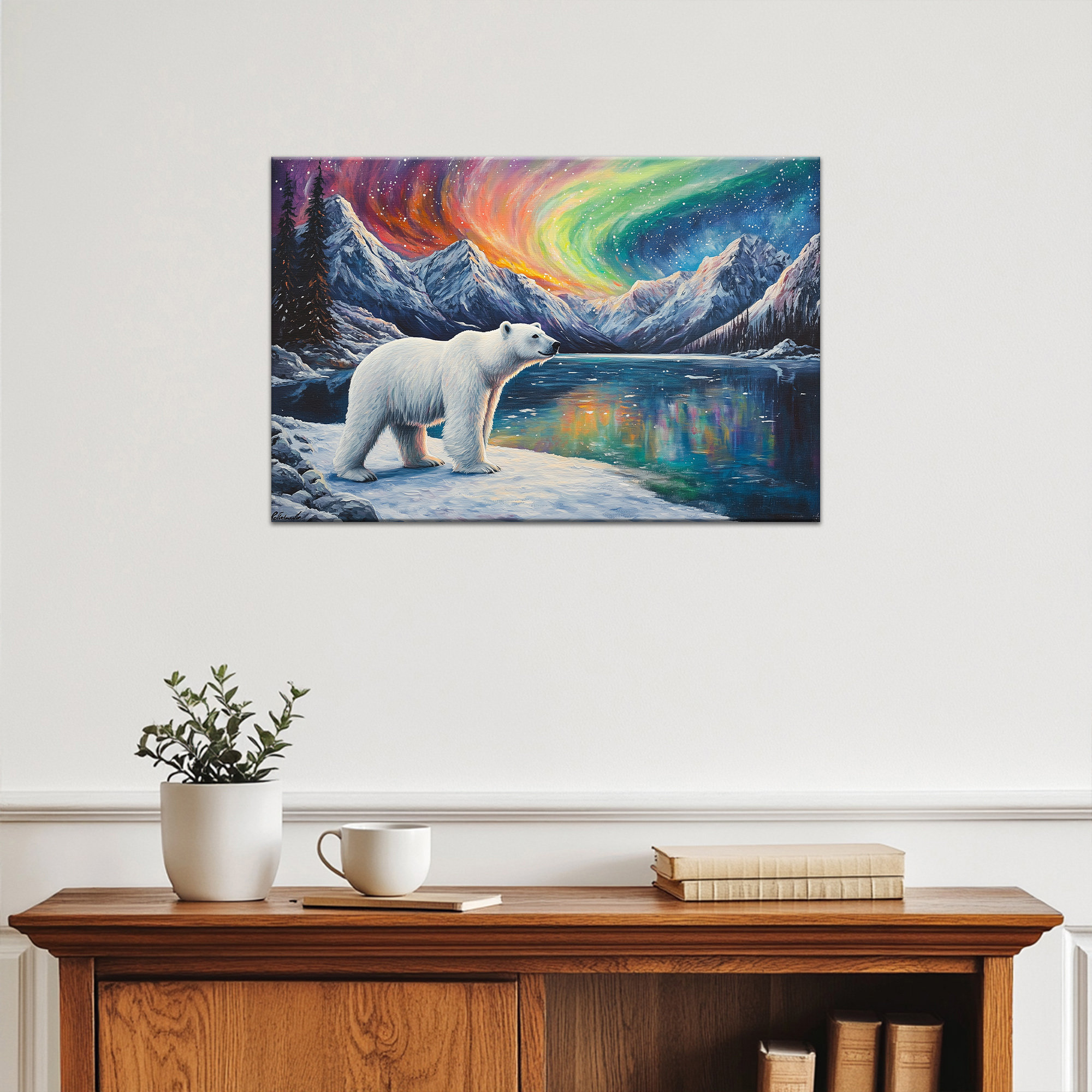 East Urban Home Large Polar Bear Canvas Wall Art Aurora Borealis