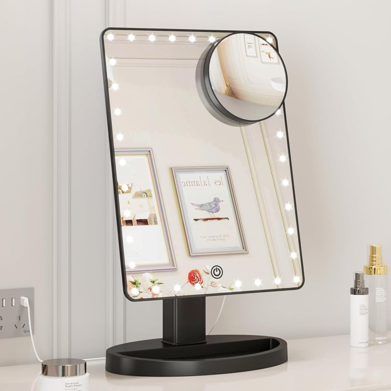Modern Vanity Rectangular LED Makeup Mirror with Tabletop Base