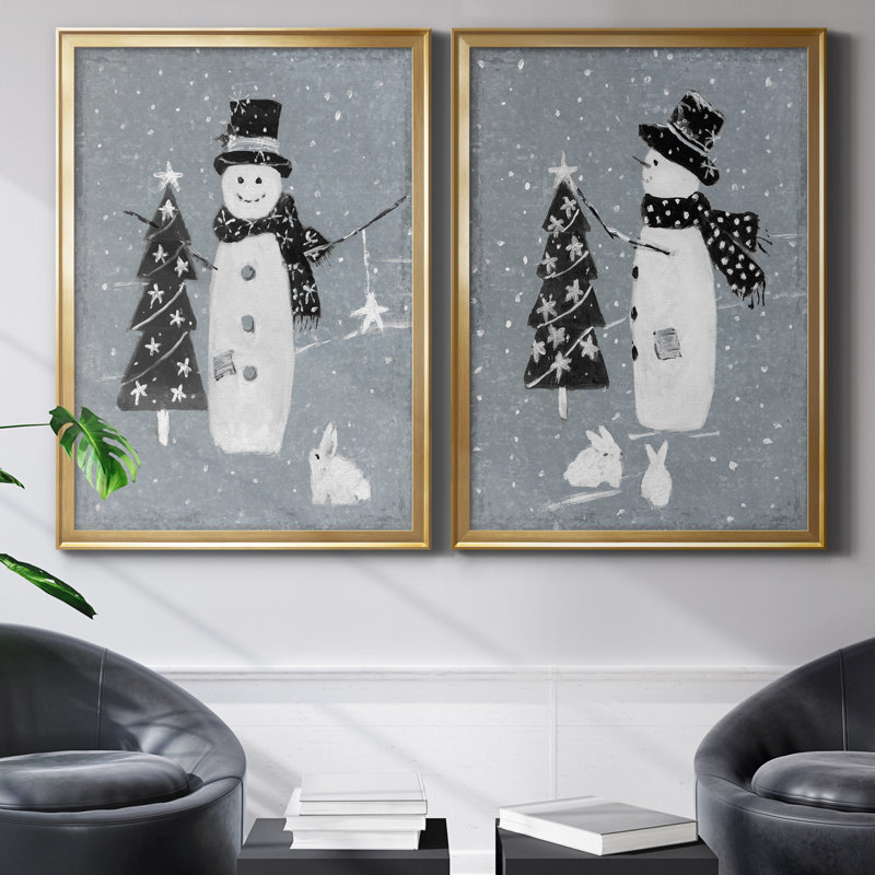 «Snowman Galvanized I», ensemble de 2 reproductions, Pas de tapis, H 18,5 po x l 49 po x P 1,5 po, Toile encadrée dorée