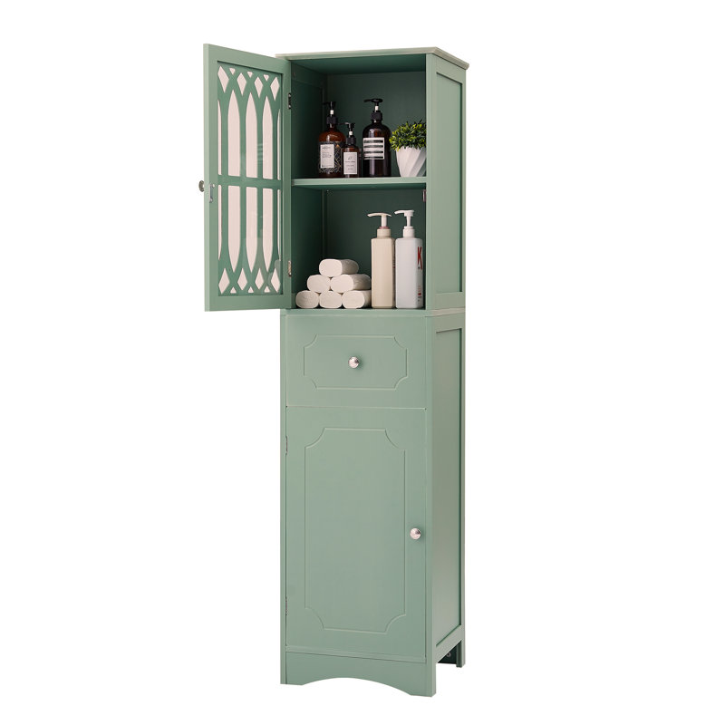 Armoire de salle de bain haute, armoire de rangement autoportante avec tiroir et portes, panneau de fibres à densité moyenne, porte en acrylique, tablette réglable