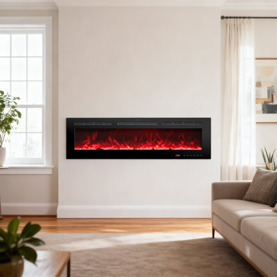 42"/50"/60"/72" Electric Fireplace Insert With Crystal Decor, Wall Mounted Fireplace Heater For Living Room, Timer, Overheating Protection, Remote, Black