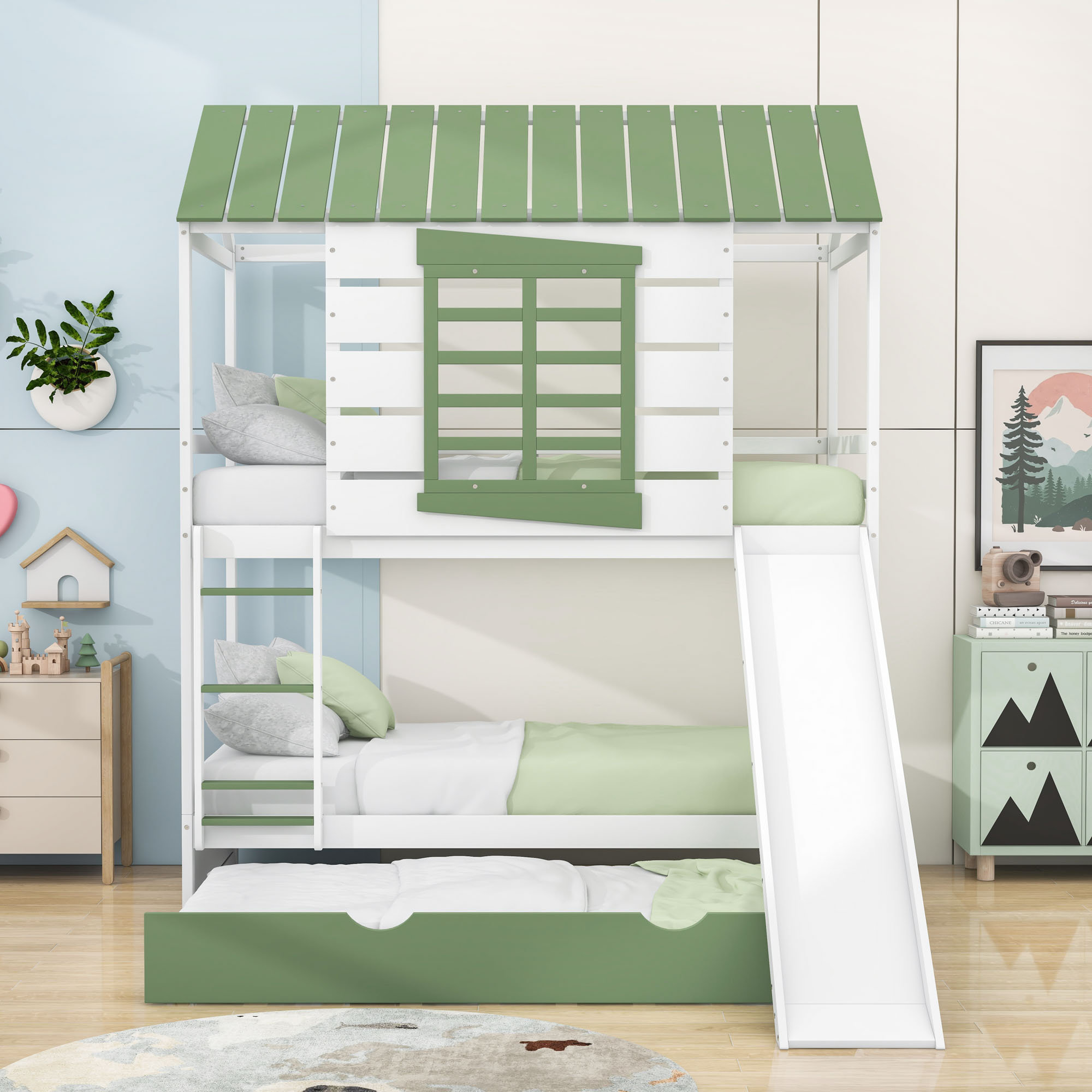 Harper Orchard Twin Over Twin Wood Bunk Bed With Convertible Slide And ...