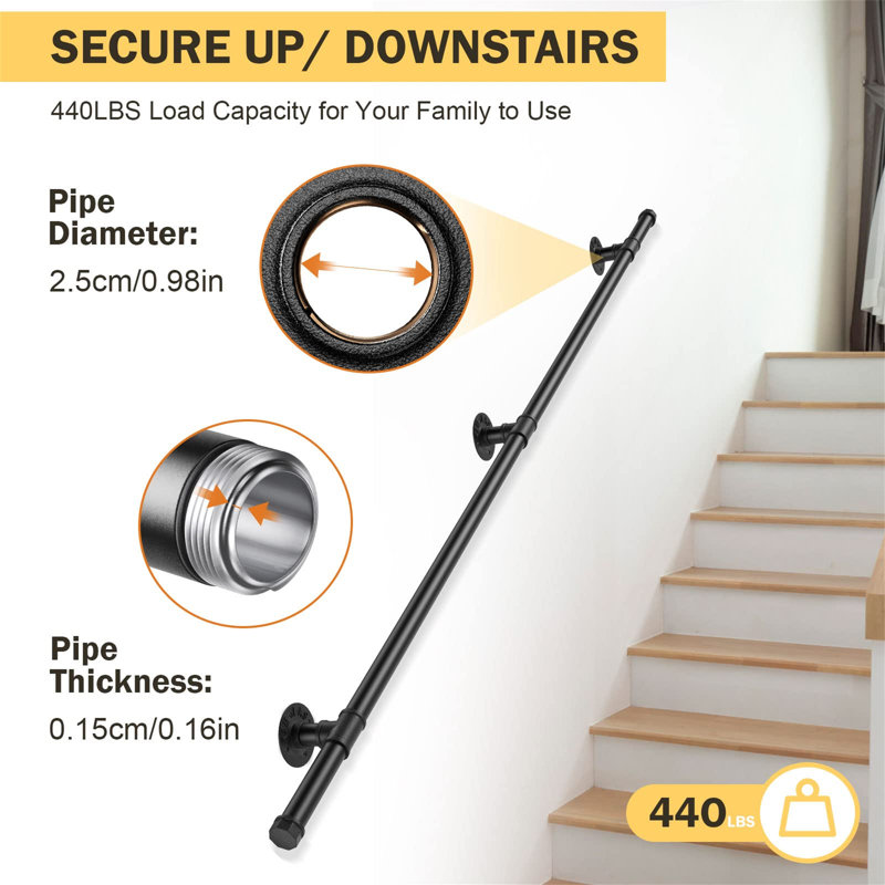 1.5M Wall Mounted Handrail Safety Hand Rail Non-Slip Steel Pipehandrail Indoor Outdoor Industrial Pipe Towel Rail Wrought Iron Wall Balustrade Handrail Banister Stair Railing