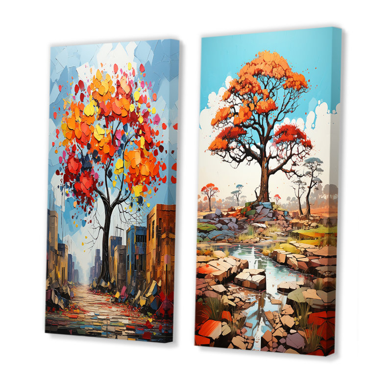 Baobab style graffiti - ensemble de salon art mural arbre baobab de 2, H 40 po x l 41 po, Toile tendue