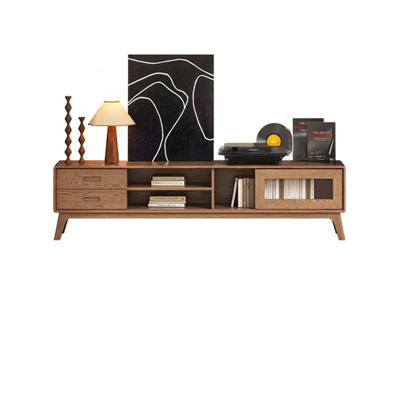 Meuble télé en bois de frêne avec portes coulissantes en verre