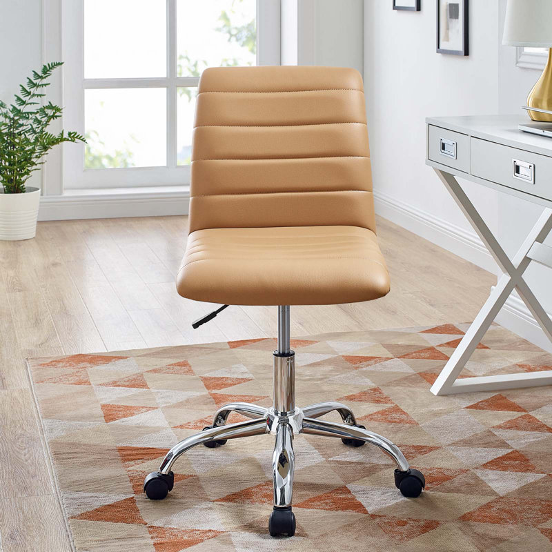 Tan Vinyl Armless Swivel Task Chair with Chrome Base