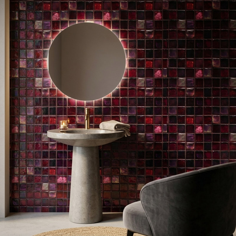 Red Glass Mosaic Wallpaper Square Tile Grid Geometric Pattern Decorative Mural, Peel and Stick
