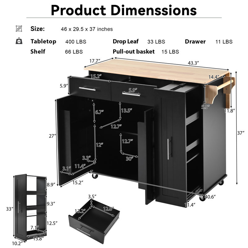 Îlot de cuisine de 46,02 po avec abattant, chariot de rangement de cuisine avec support de rangement interne, chariot de cuisine sur roulettes avec porte-serviettes, tiroirs de cuisine