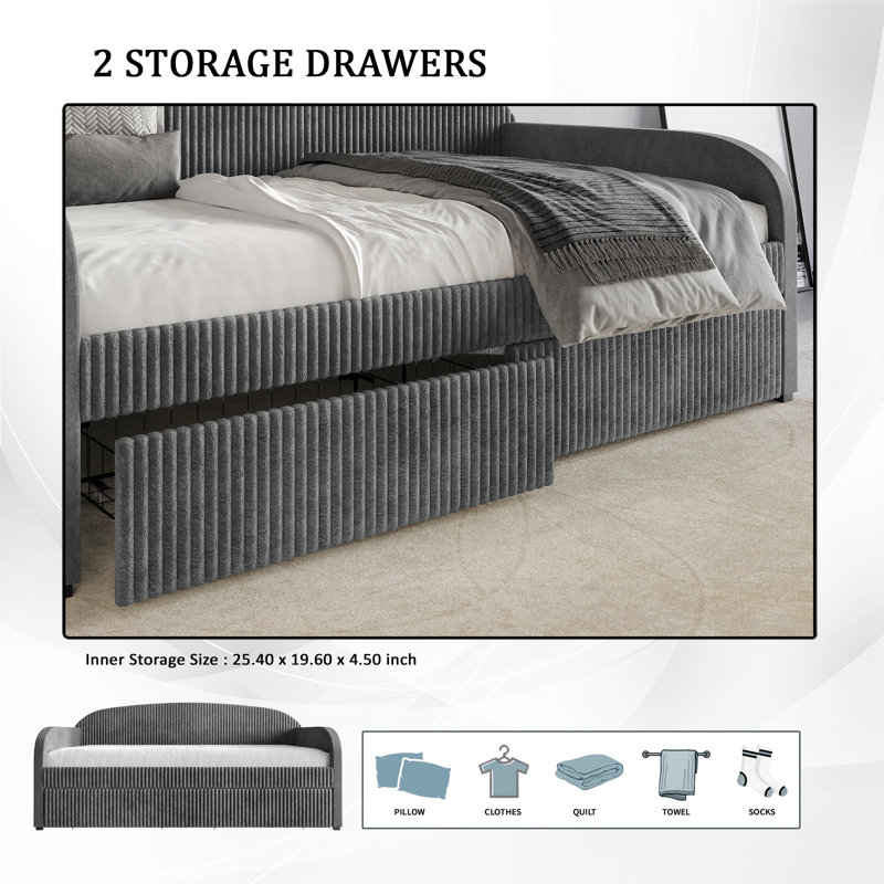 Corduroy Twin Size Daybed with Two Metal Drawers Velvet, Brown