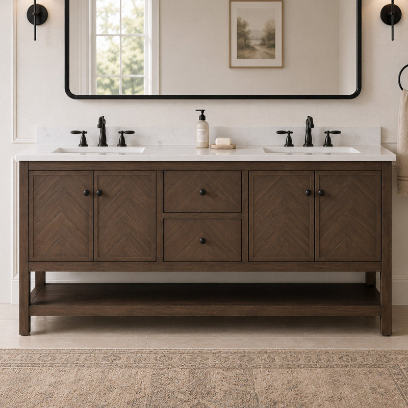 Meuble-lavabo double autoportant à chevrons 72 po avec plateau en pierre reconstituée Chazden, Brun