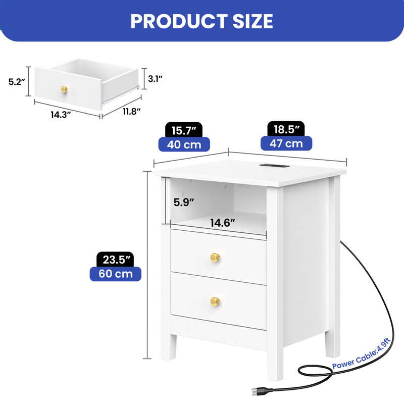 Senara 2-Drawer Modern Nightstands with Built-in Charging Station, 2pcs, White