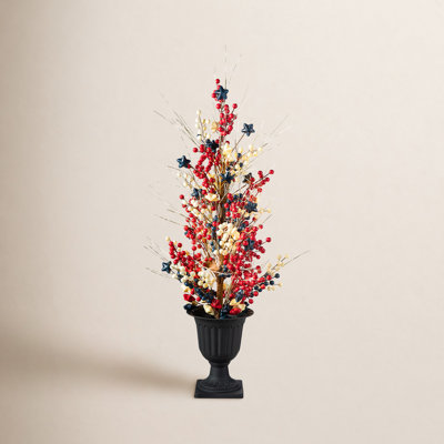 36"H Patriotic / Americana Lighted Berry And Stars Urn Porch Tree, 20 Warm White Lights With Timer