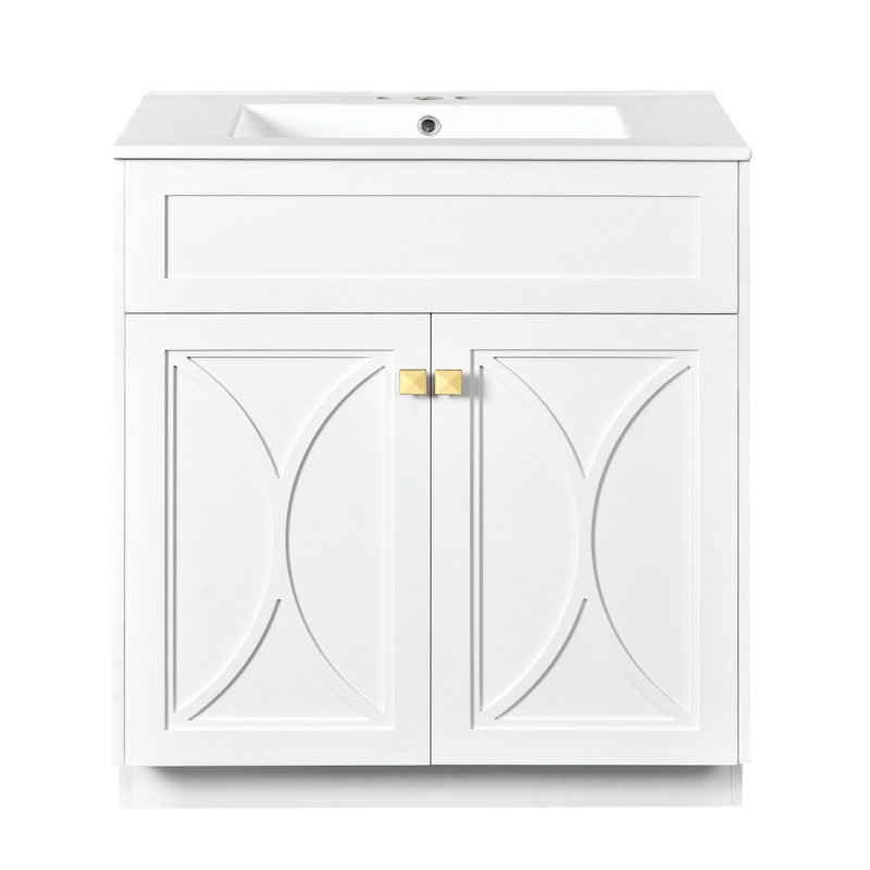 Meuble-lavabo de salle de bain avec lavabo en céramique / armoire de rangement autoportante moderne avec poignées / portes