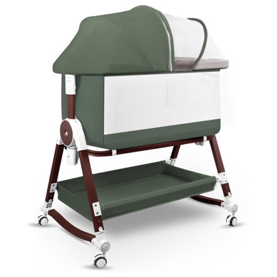 4 in 1 Baby Bassinet Bedside Sleeper & Co-Sleeper W/ Wheels, Storage Basket, Adjustable 7 Heights, Mosquito Net, Breathable Mesh Cradle for Infants Toddler,Green