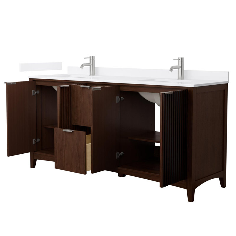 Palmilla 72" Freestanding Double Bathroom Vanity with Cultured Marble Top, Brushed Nickel, Brown