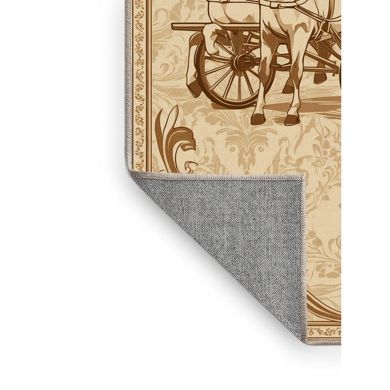 Machine Washable Maurice Horse Carriage Vintage Damask Rug in Brown – Beige Binding, 8x12