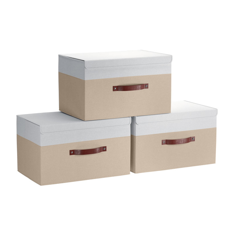 Ensemble de boîtes pliables en tissu, Blanc / kaki, H 7,5 po x l 11,8 po x P 16,5 po