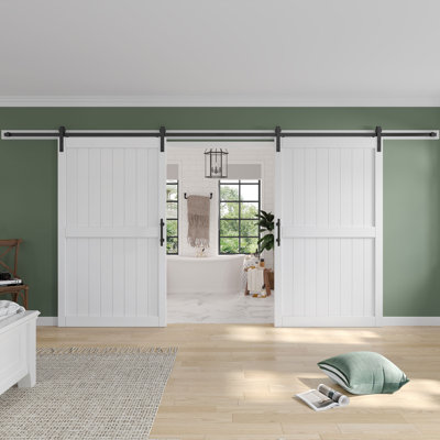 Paneled Manufactured Wood Double Barn Door with Installation Hardware Kit