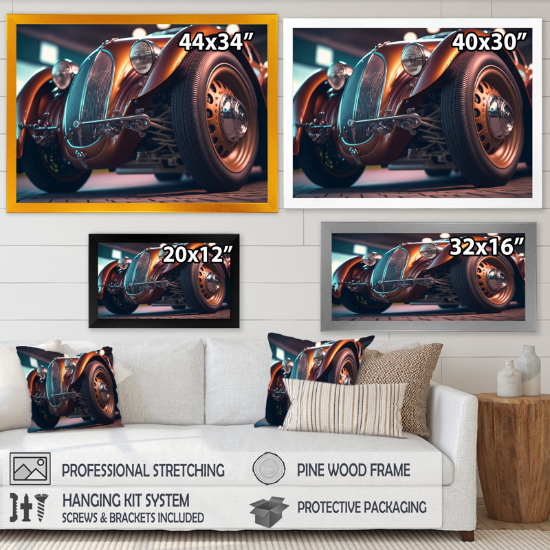 «Retro Retro Car pendant Golden Hour» - reproduction d'art sur toile, H 24 po x l 32 po x P 1 po, Cadre photo noir