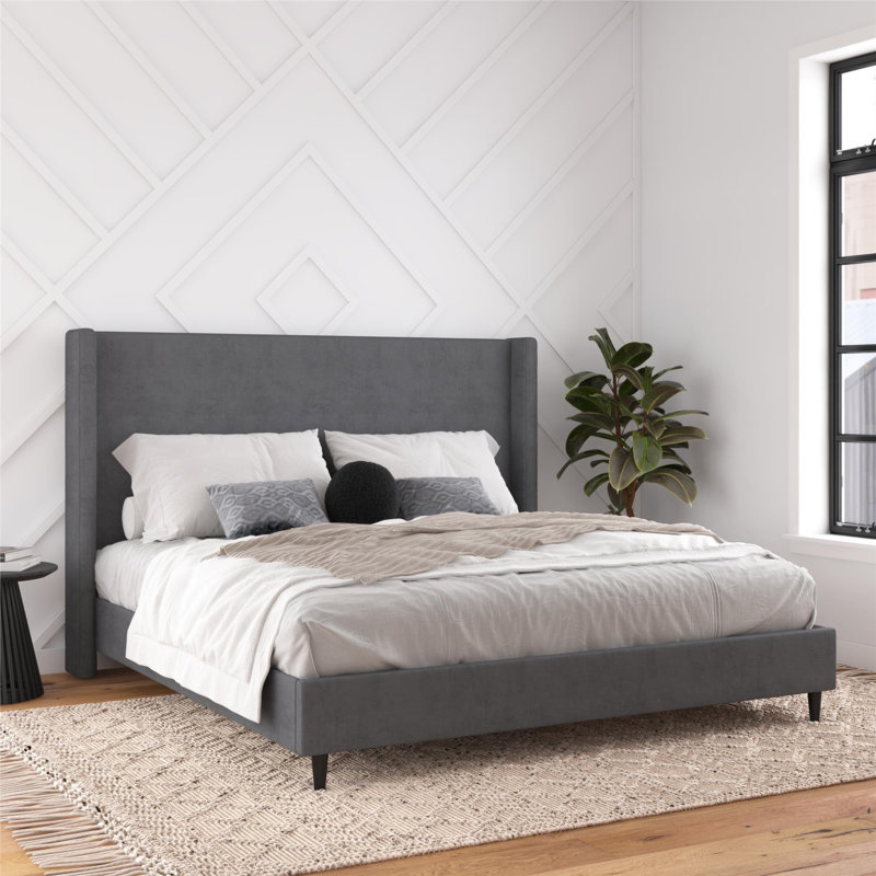 Ana King Upholstered Wingback Bed, Dark Gray Velvet