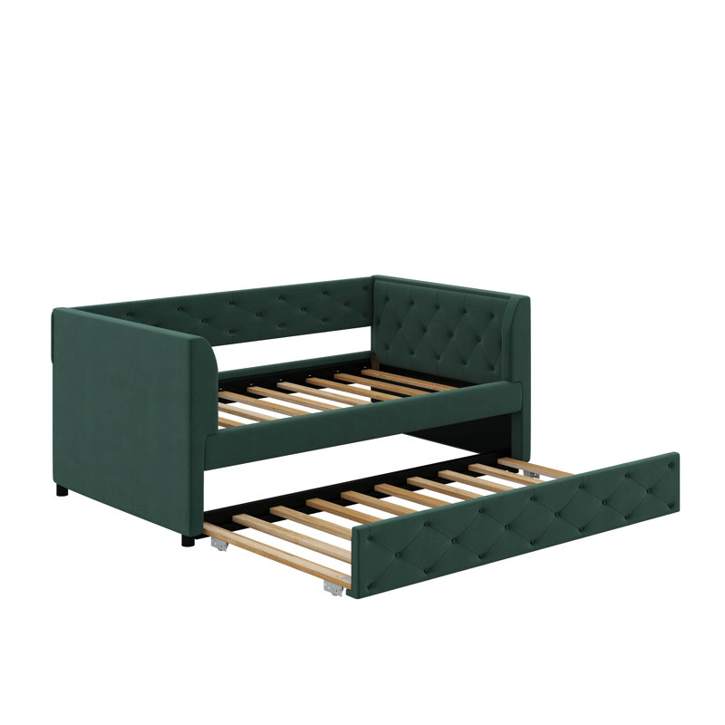 Twin Size Upholstered Velvet Tufted Daybed With Trundle, Green